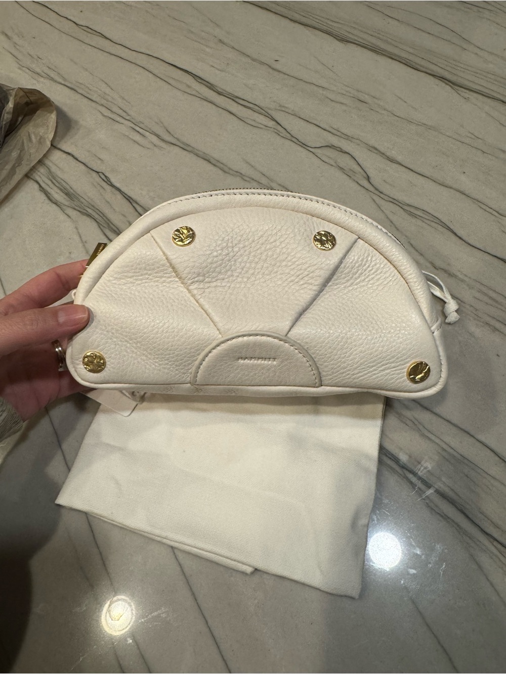 Hammitt White Pebbled Leather Half-Moon Wristlet with Gold Hardware